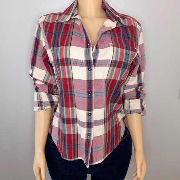 Eddie Bauer Red, Cream, Blue, Purple, Green Soft Woven Plaid Button Down Shirt - Picture 2 of 11